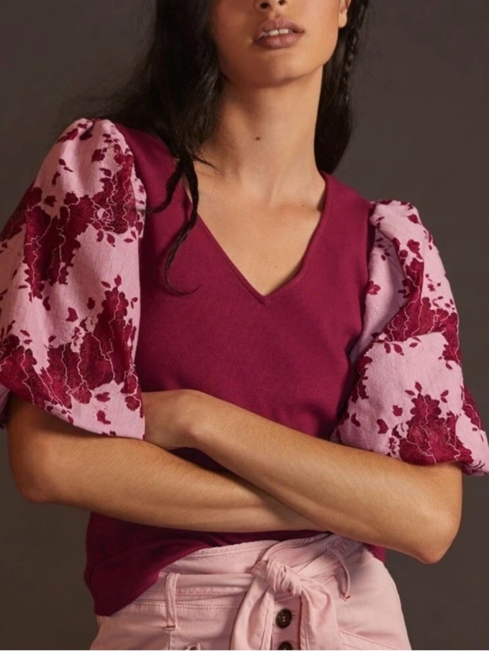 Dolan V-Neck Puff-Sleeve Top in Berry and Light Pink, Floral Sleeve, Size M